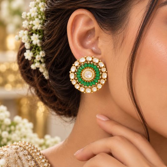 925 Silver Polki Stud Green Earring