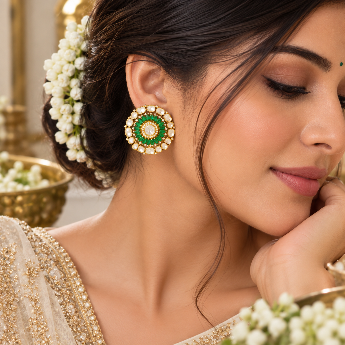 925 Silver Polki Stud Green Earring