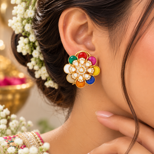 925 Silver Moissanite Navratan Polki Stud Earrings