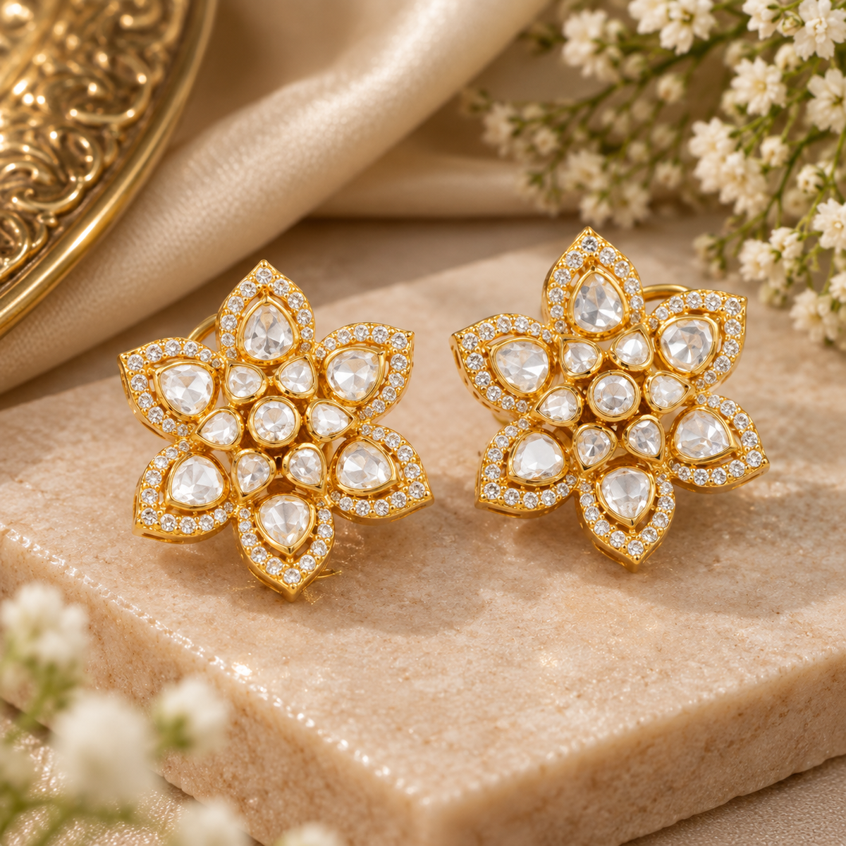 925 Silver Moissanite Polki Stud Earring
