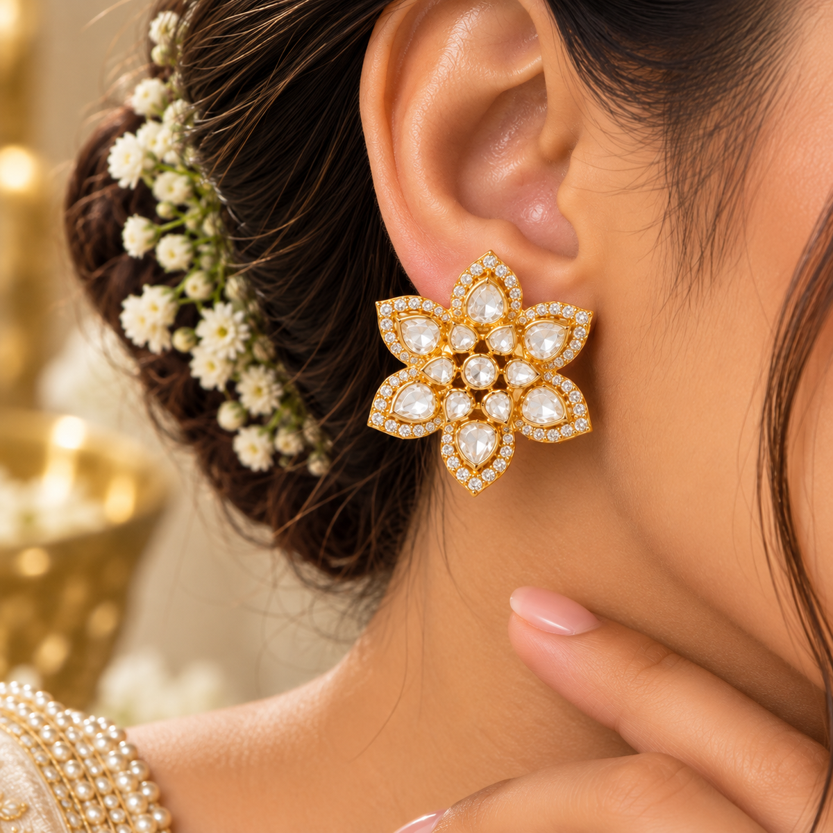 925 Silver Moissanite Polki Stud Earring