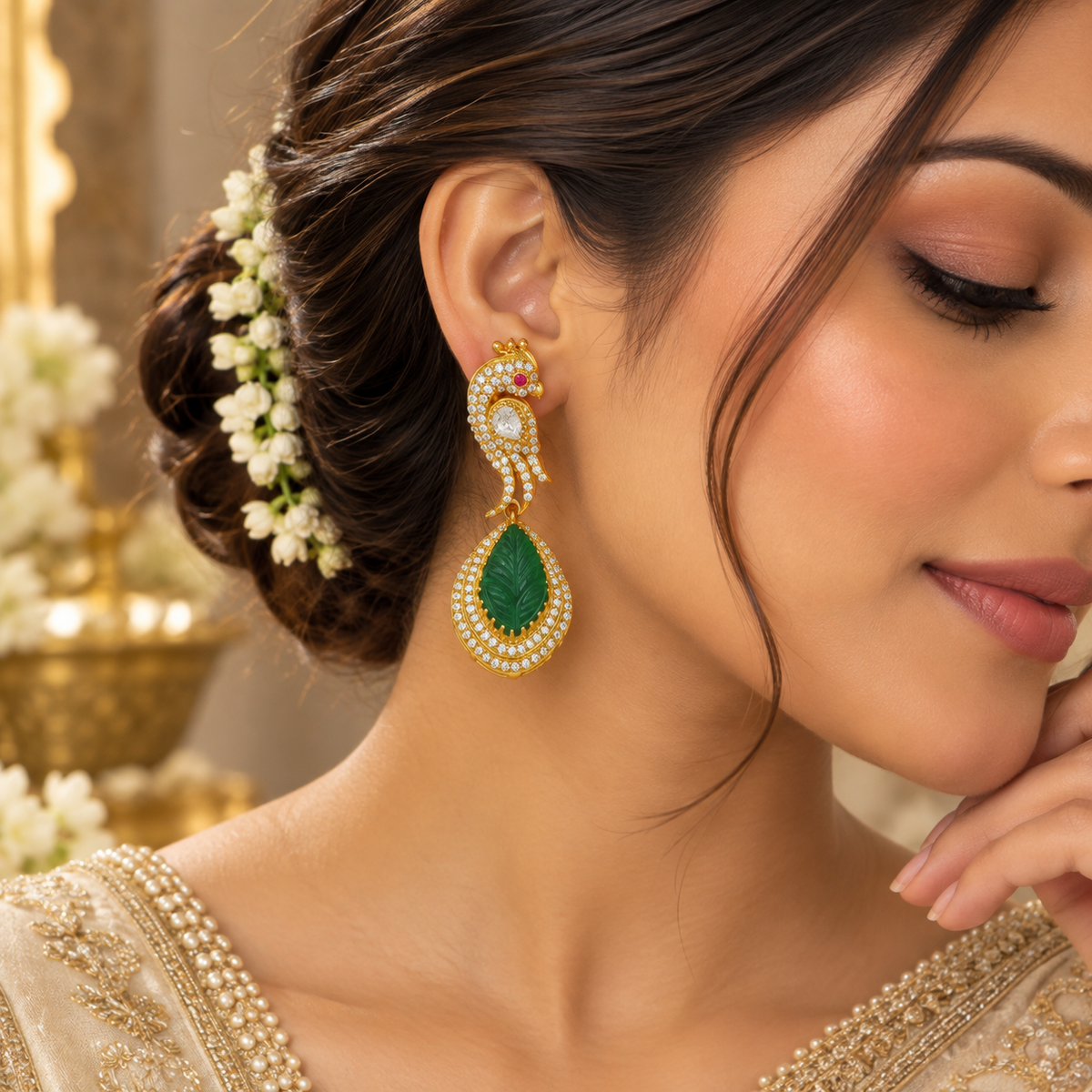 925 Silver Moissanite Polki Stud Green Earrings