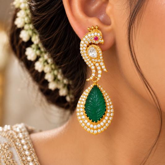 925 Silver Moissanite Polki Stud Green Earrings