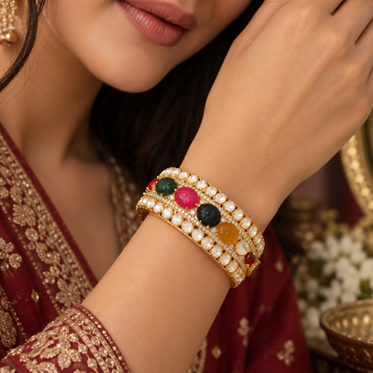 925 Silver Multi Color Precious Gemstone & Polki Bangle