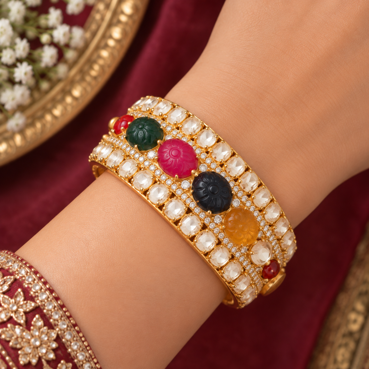 925 Silver Multi Color Precious Gemstone & Polki Bangle
