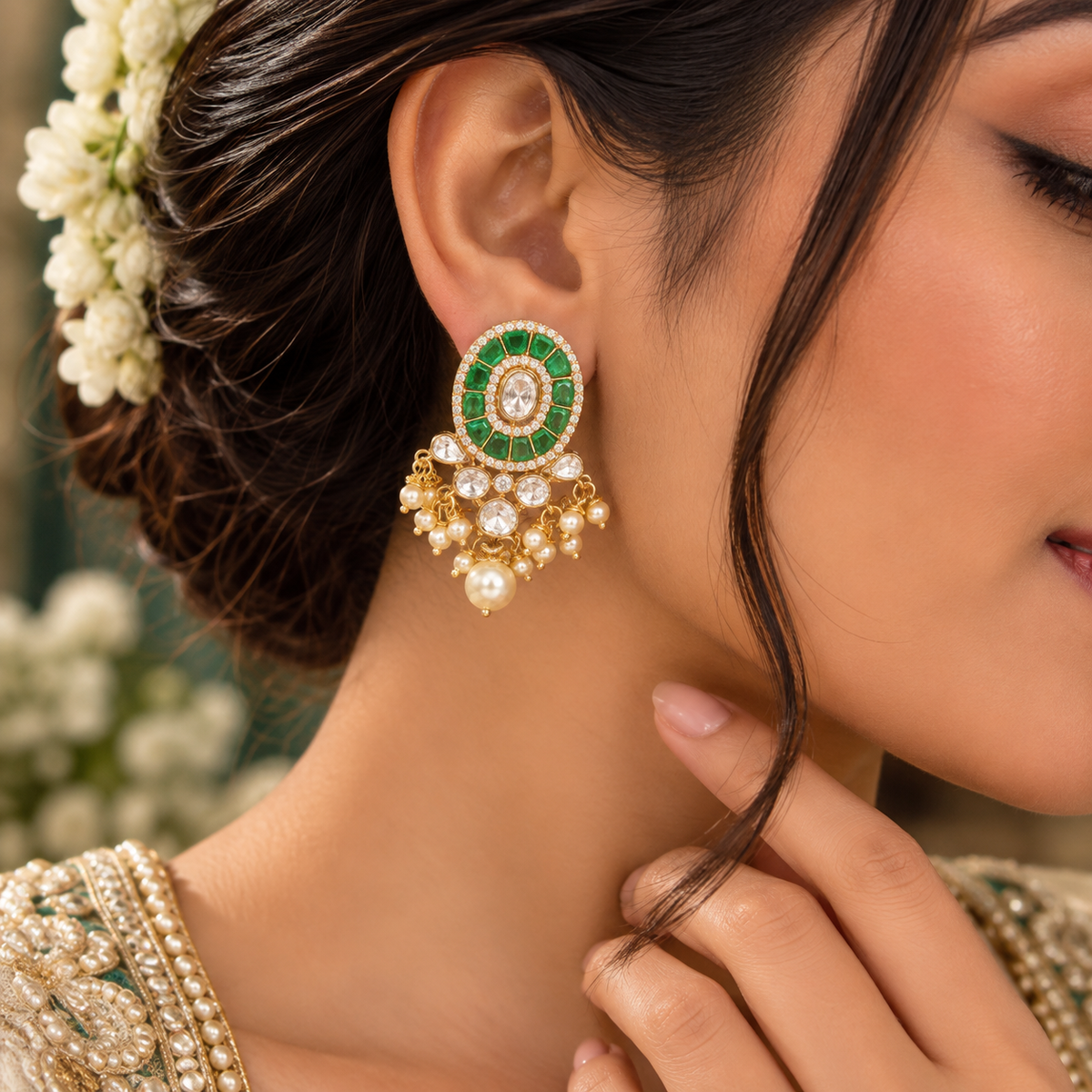 925 Silver Designer Green Stud Earrings