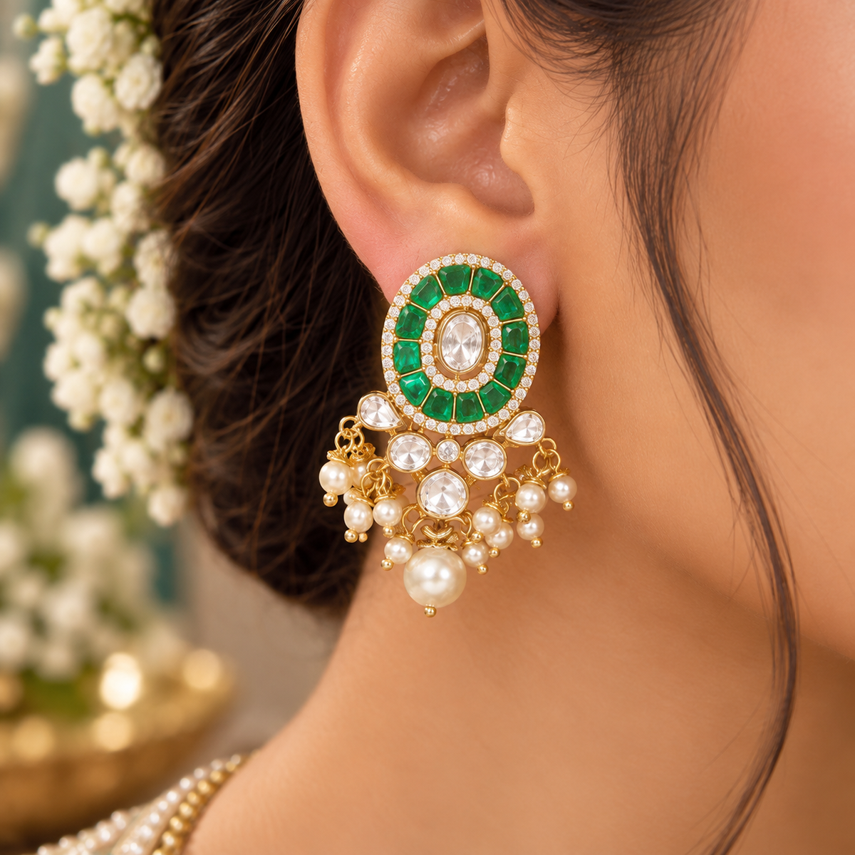 925 Silver Designer Green Stud Earrings