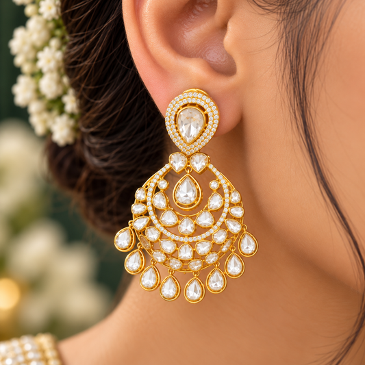 925 Silver Moissanite Polki Designer Chandbali Earring
