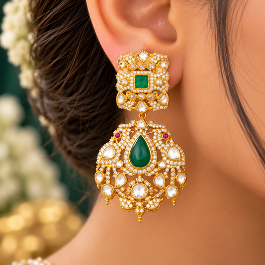 925 Silver Green Moissanite Polki Earring
