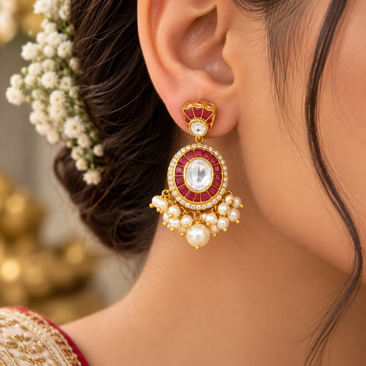 925 Silver Moissanite Polki Stud Red Earrings