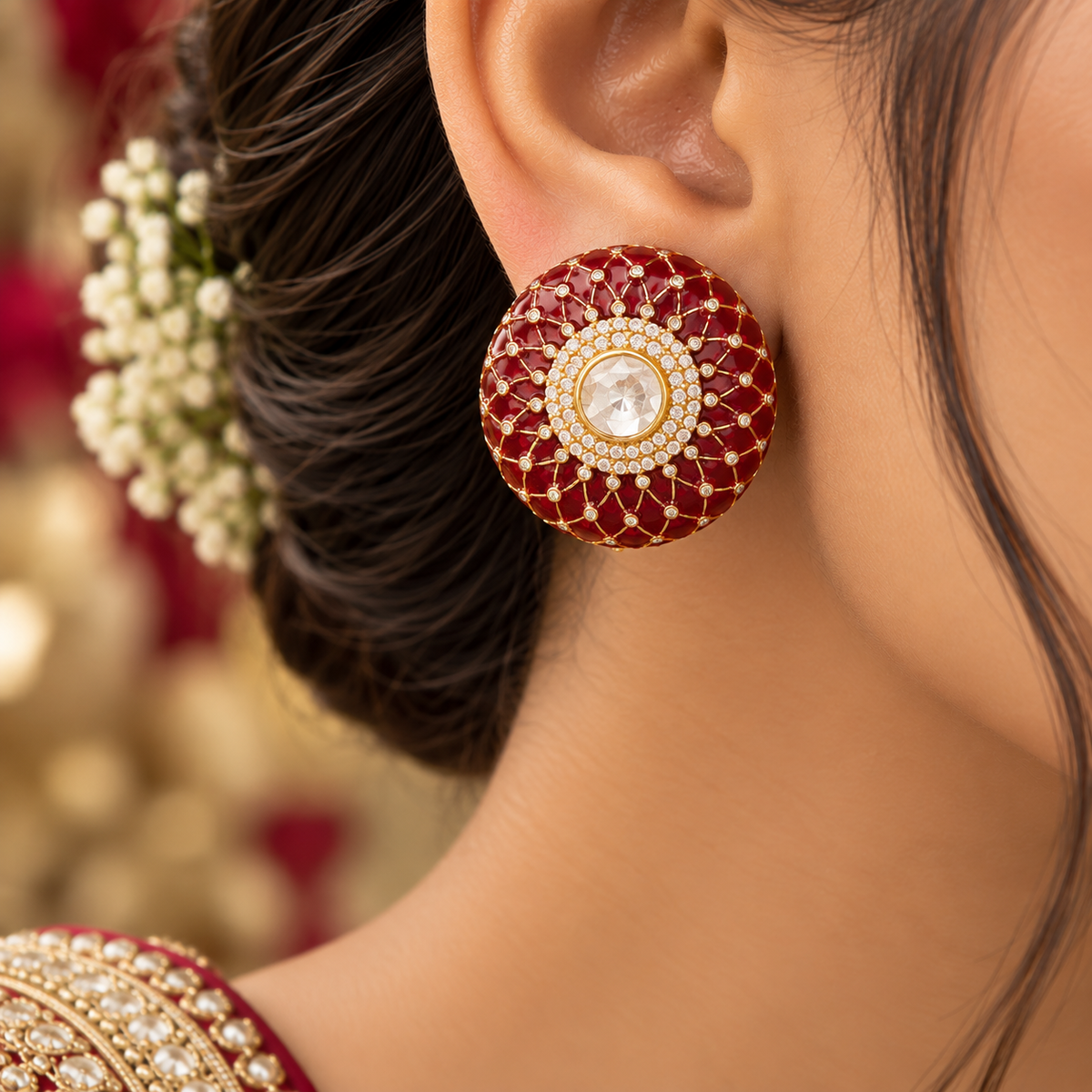 925 Silver Moissanite Polki Stud Red Earrings