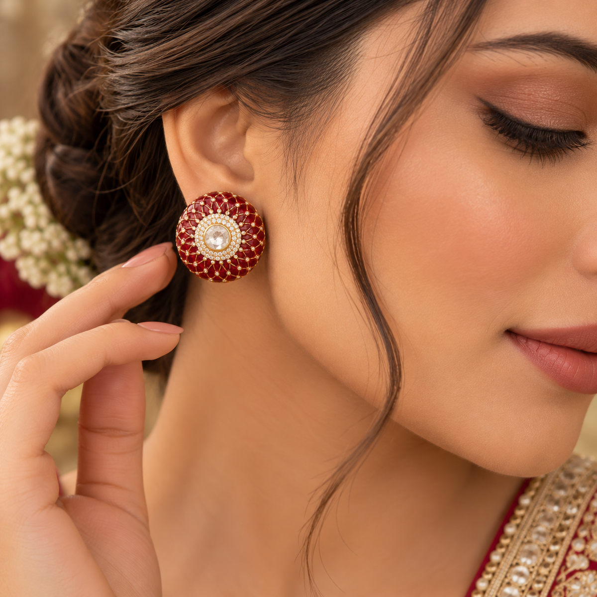 925 Silver Moissanite Polki Stud Red Earrings