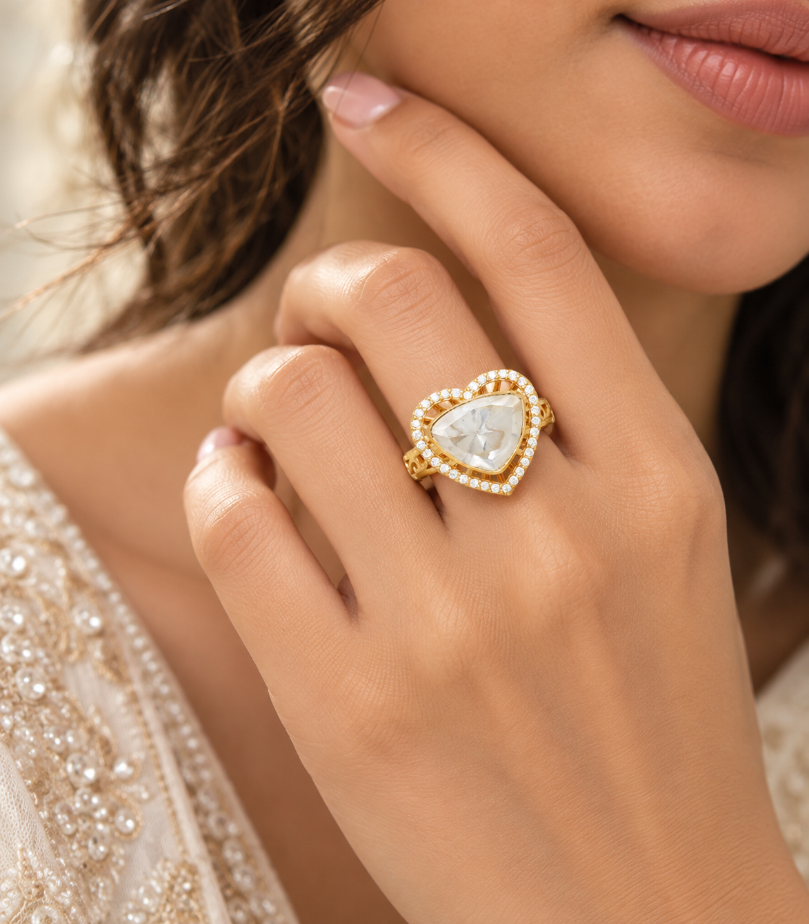925 Silver Moissanite Polki Heart Shape  Adjustable  Ring