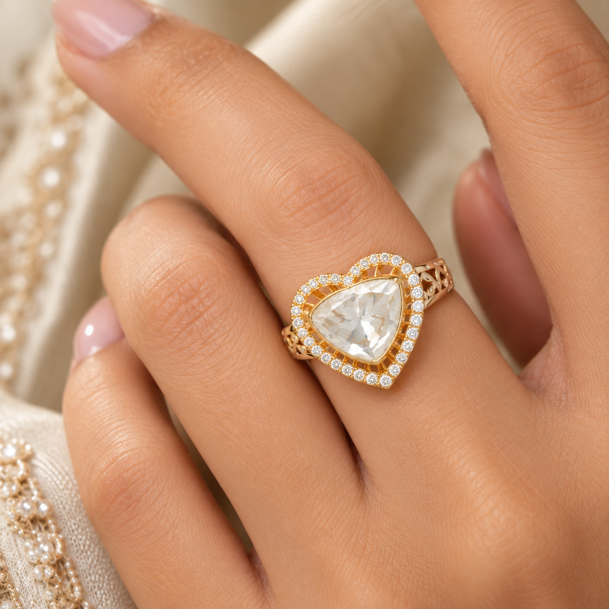 925 Silver Moissanite Polki Heart Shape  Adjustable  Ring