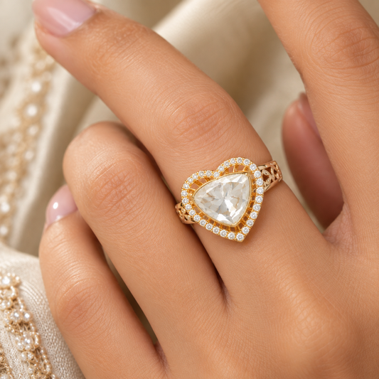 925 Silver Moissanite Polki Heart Shape  Adjustable  Ring