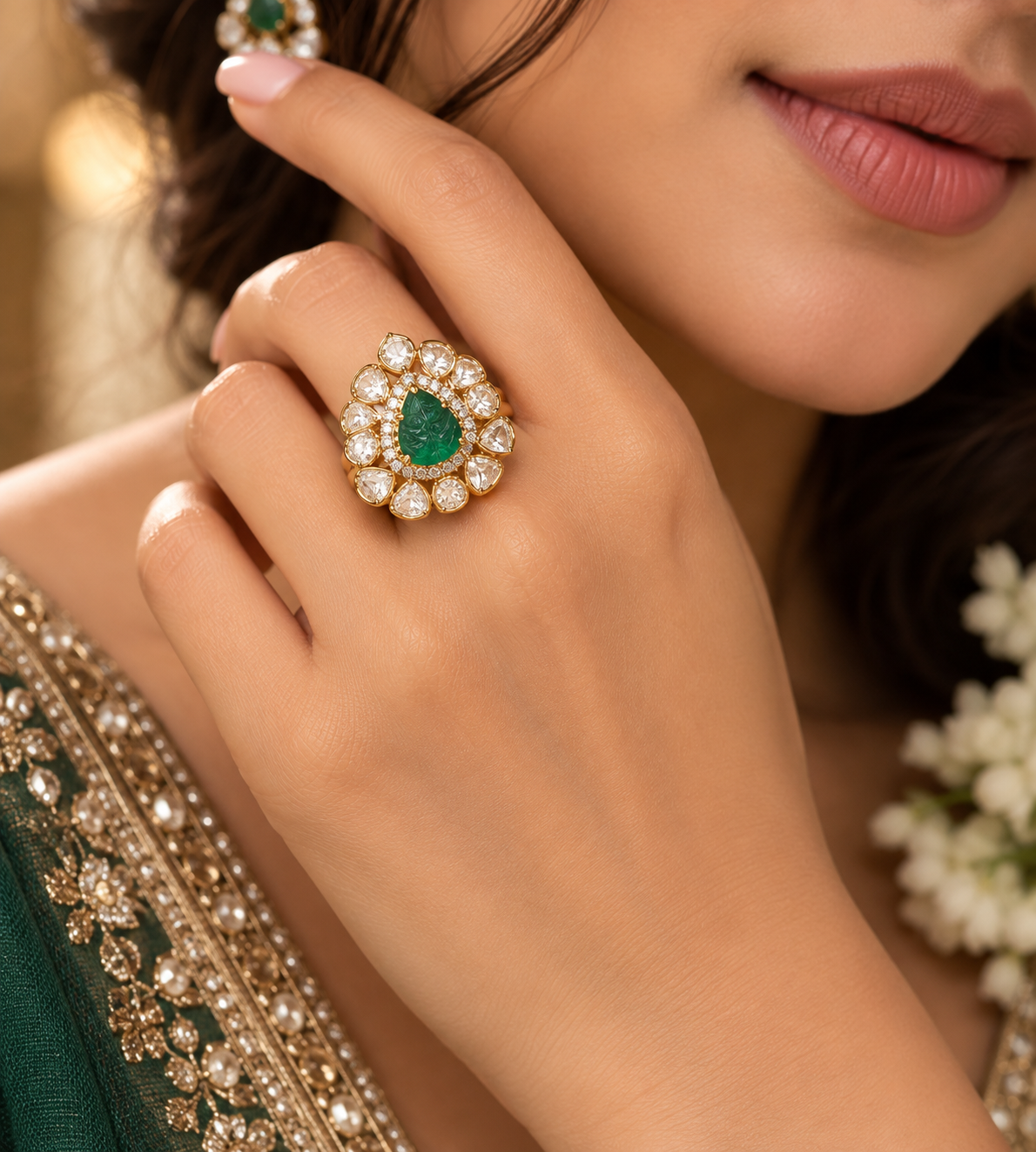 925 Silver Carved Emerald Gemstone Ring