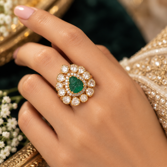 925 Silver Carved Emerald Gemstone Ring
