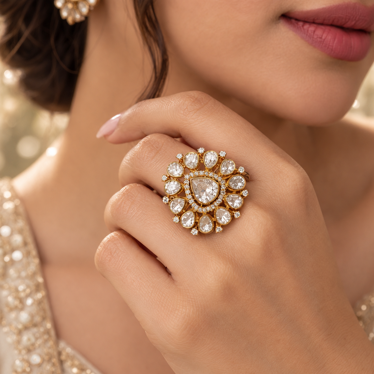 Pure Silver Polki Adjustable Ring