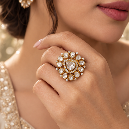 Pure Silver Polki Adjustable Ring
