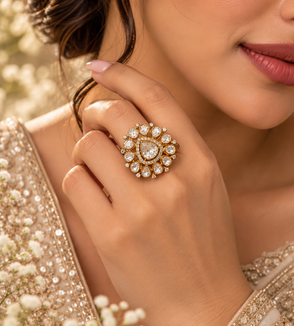 Pure Silver Polki Adjustable Ring
