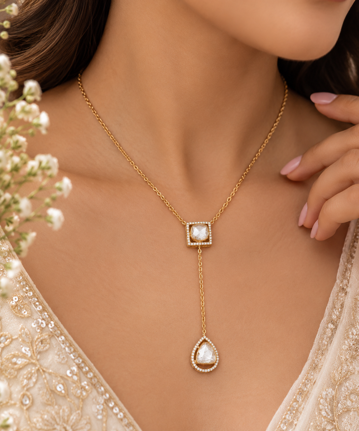 925 Silver Moissanite Polki Necklace