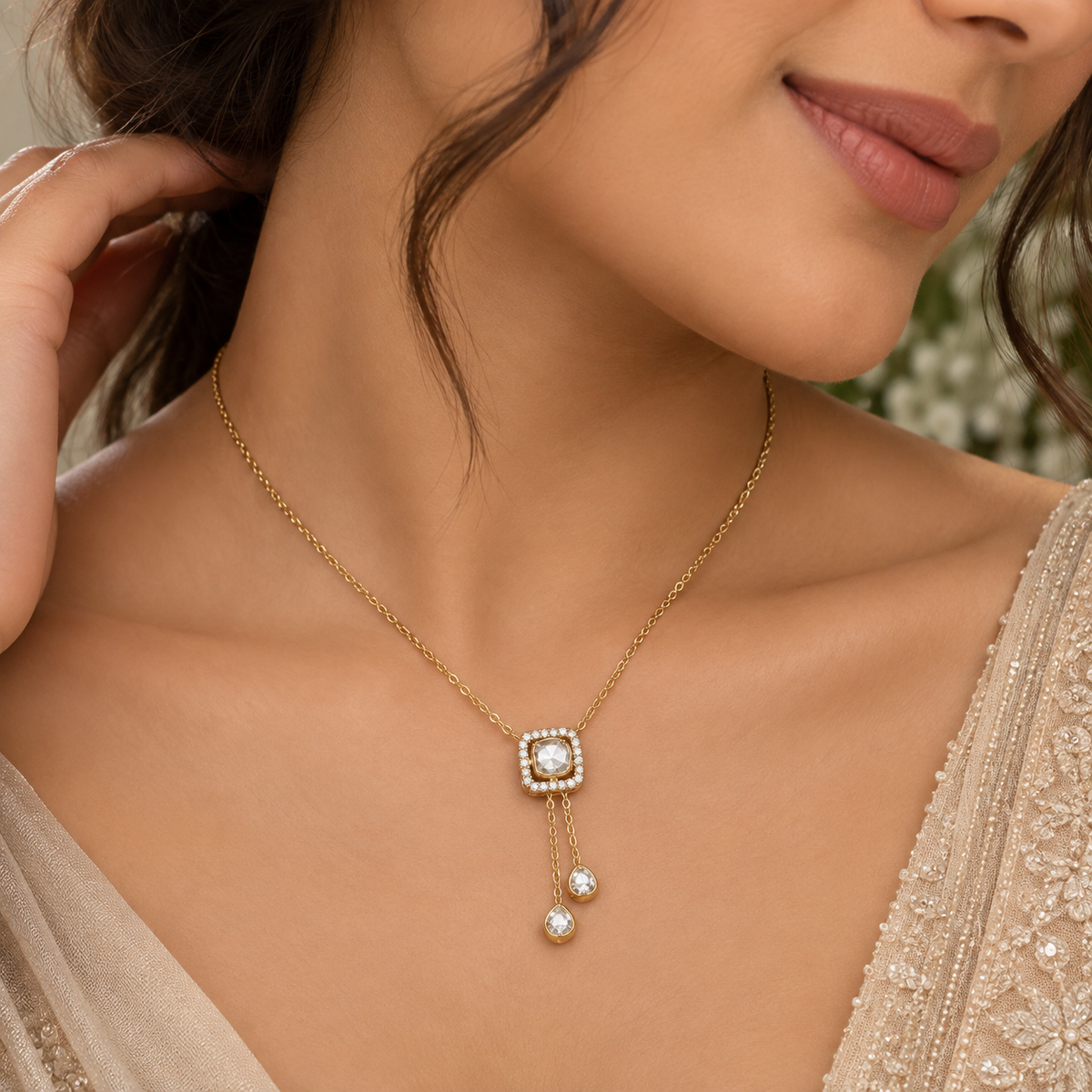 925 Silver Moissanite Polki Necklace