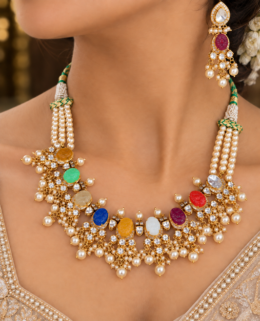 925 Navratan Silver Designer Necklace