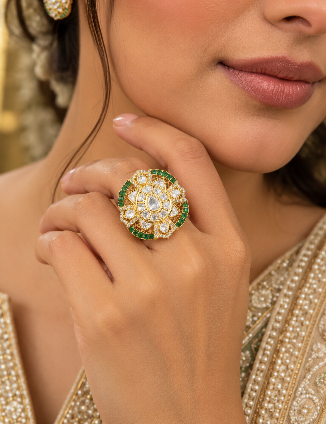 Pure Silver Green Polki Adjustable Ring