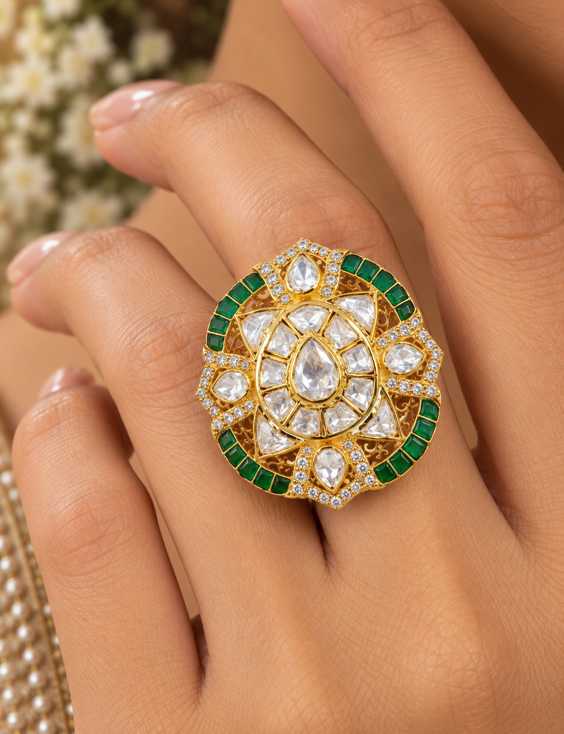 Pure Silver Green Polki Adjustable Ring