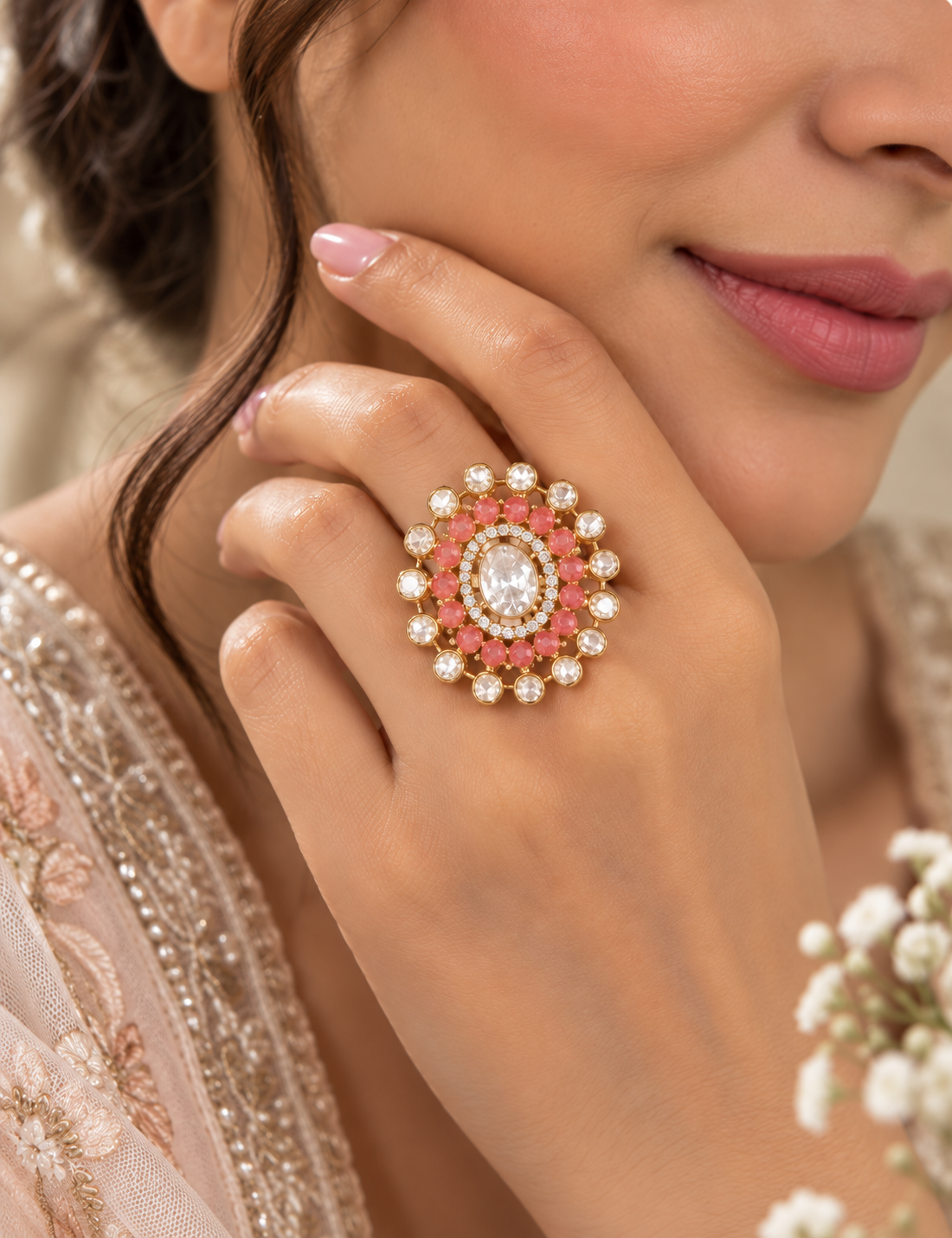 925 Silver Pink Adjustable Ring