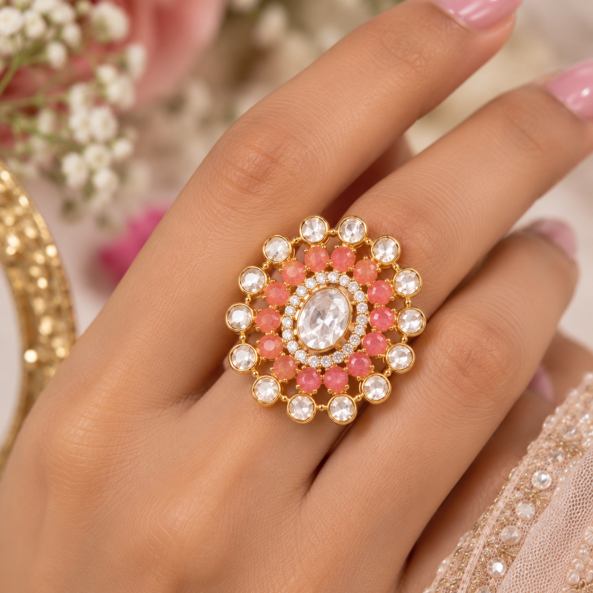 925 Silver Pink Adjustable Ring