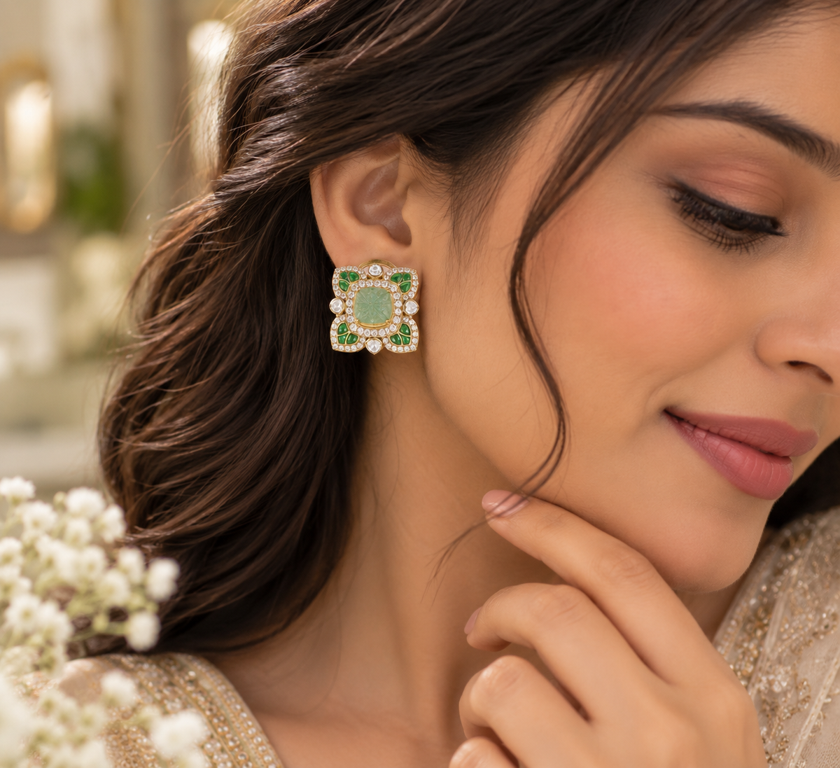 925 Silver Green Flower Stud Earring