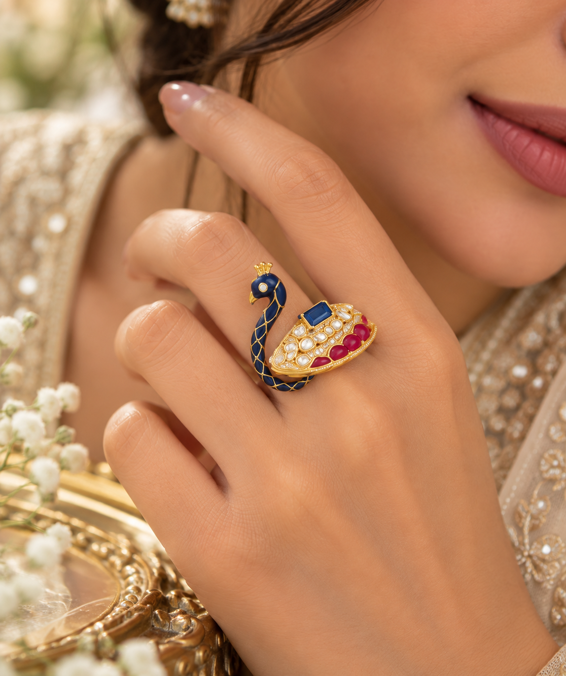 925 Silver Moissanite Peacock Adjustable Ring