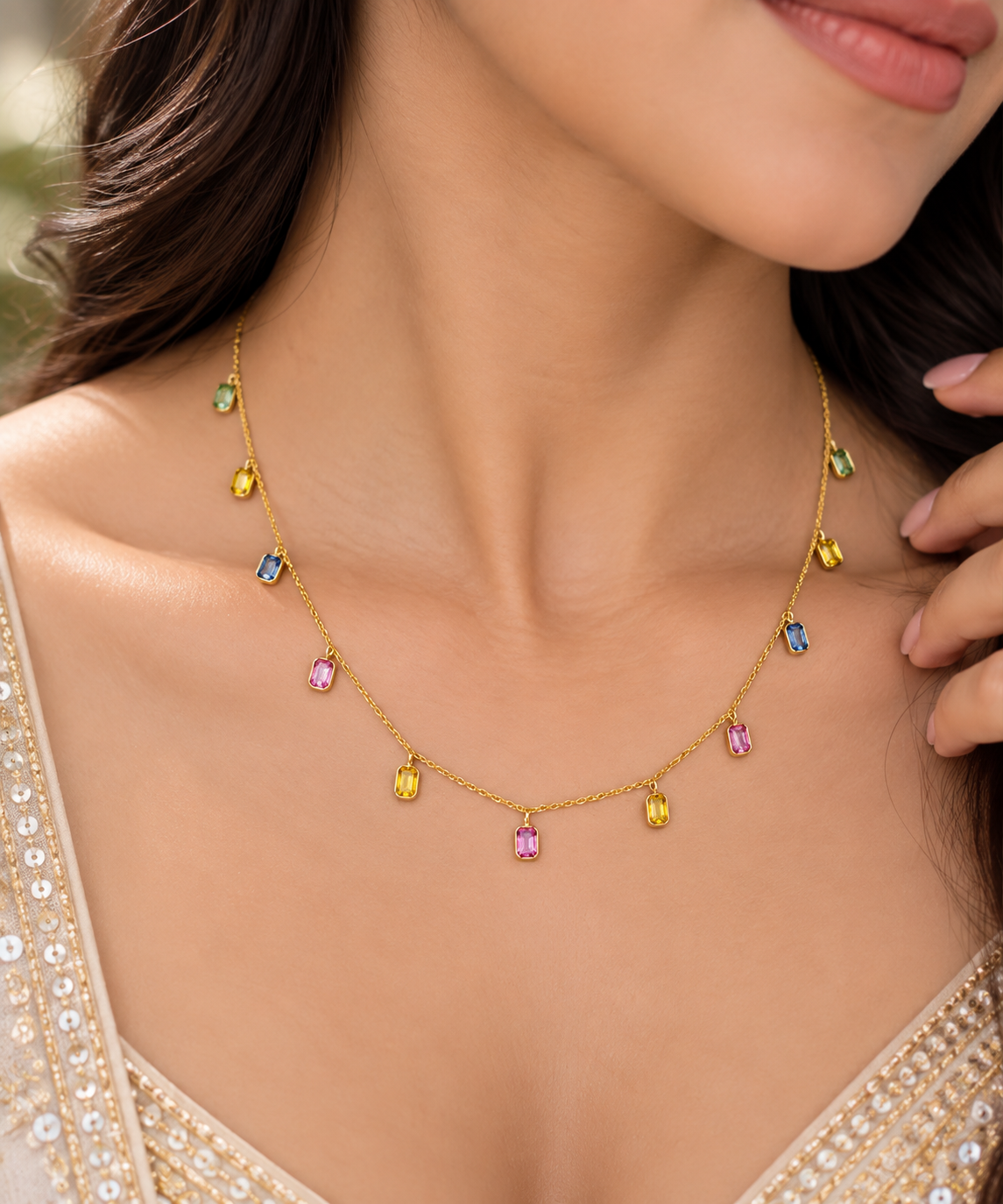 14K Gold Hallmarked Natural Multi Sapphire Chain