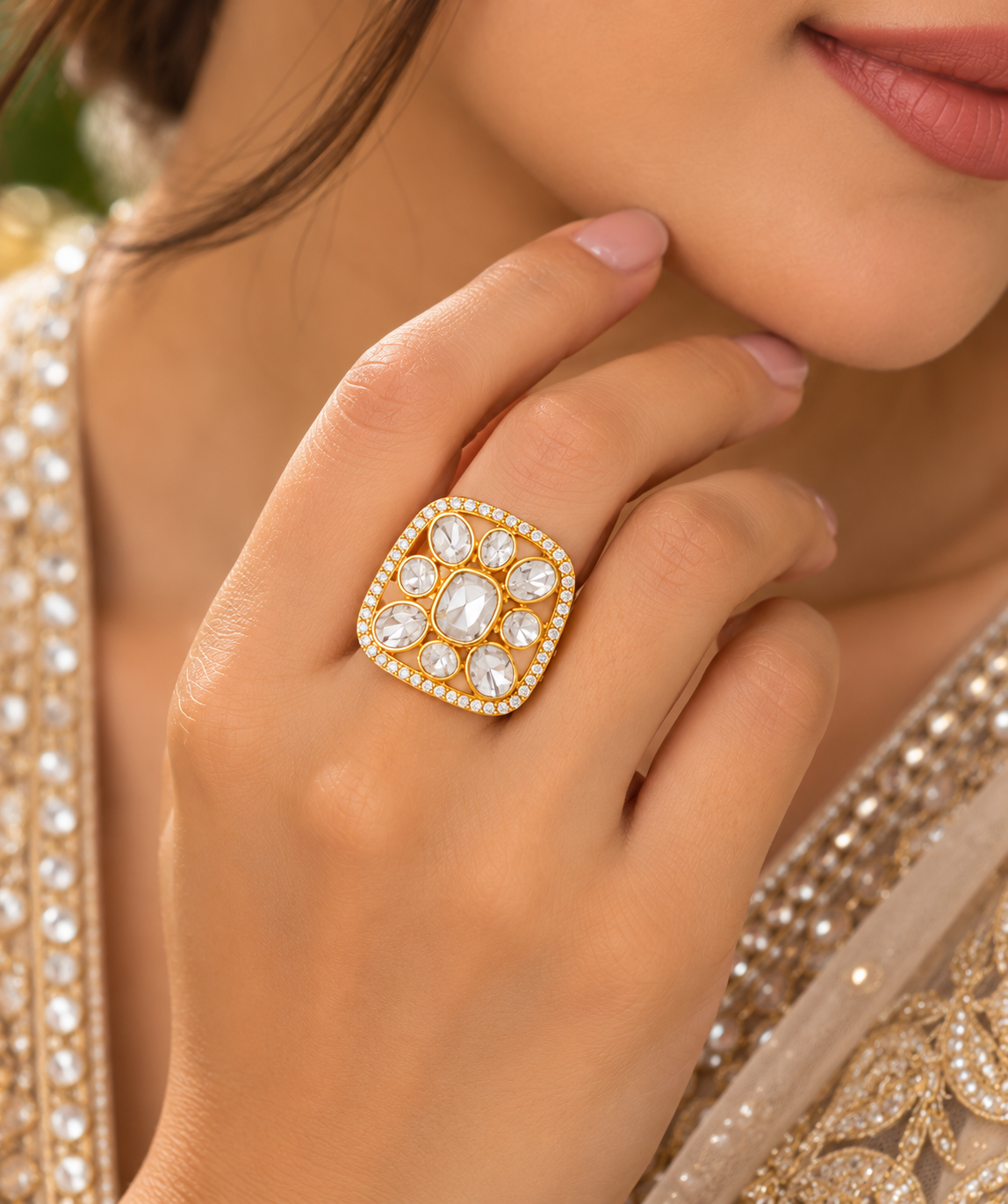 925 Silver Moissanite Polki Adjustable Ring