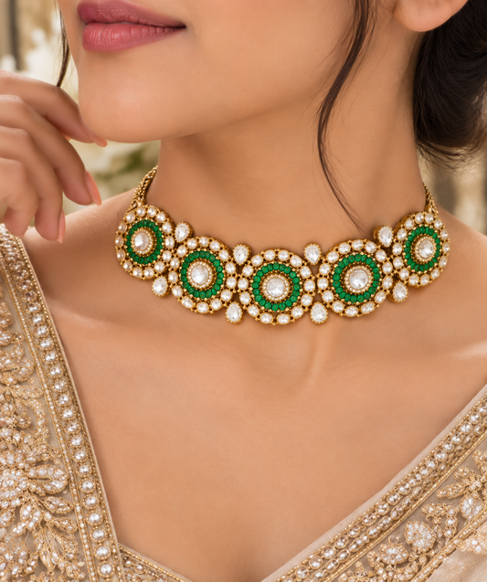 925 Silver Polki Green Choker Necklace