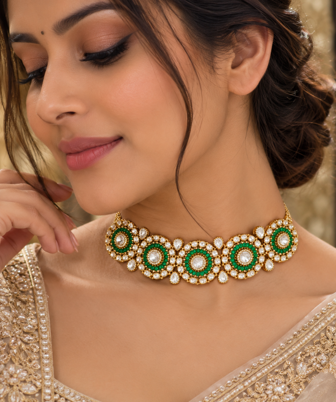 925 Silver Polki Green Choker Necklace