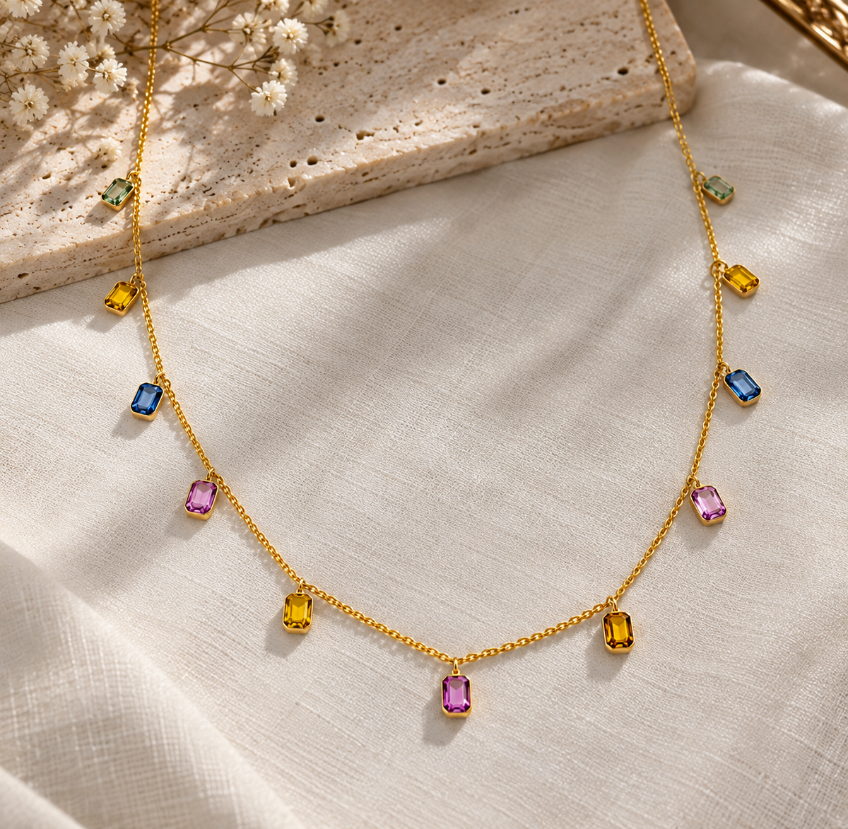 14K Gold Hallmarked Natural Multi Sapphire Chain