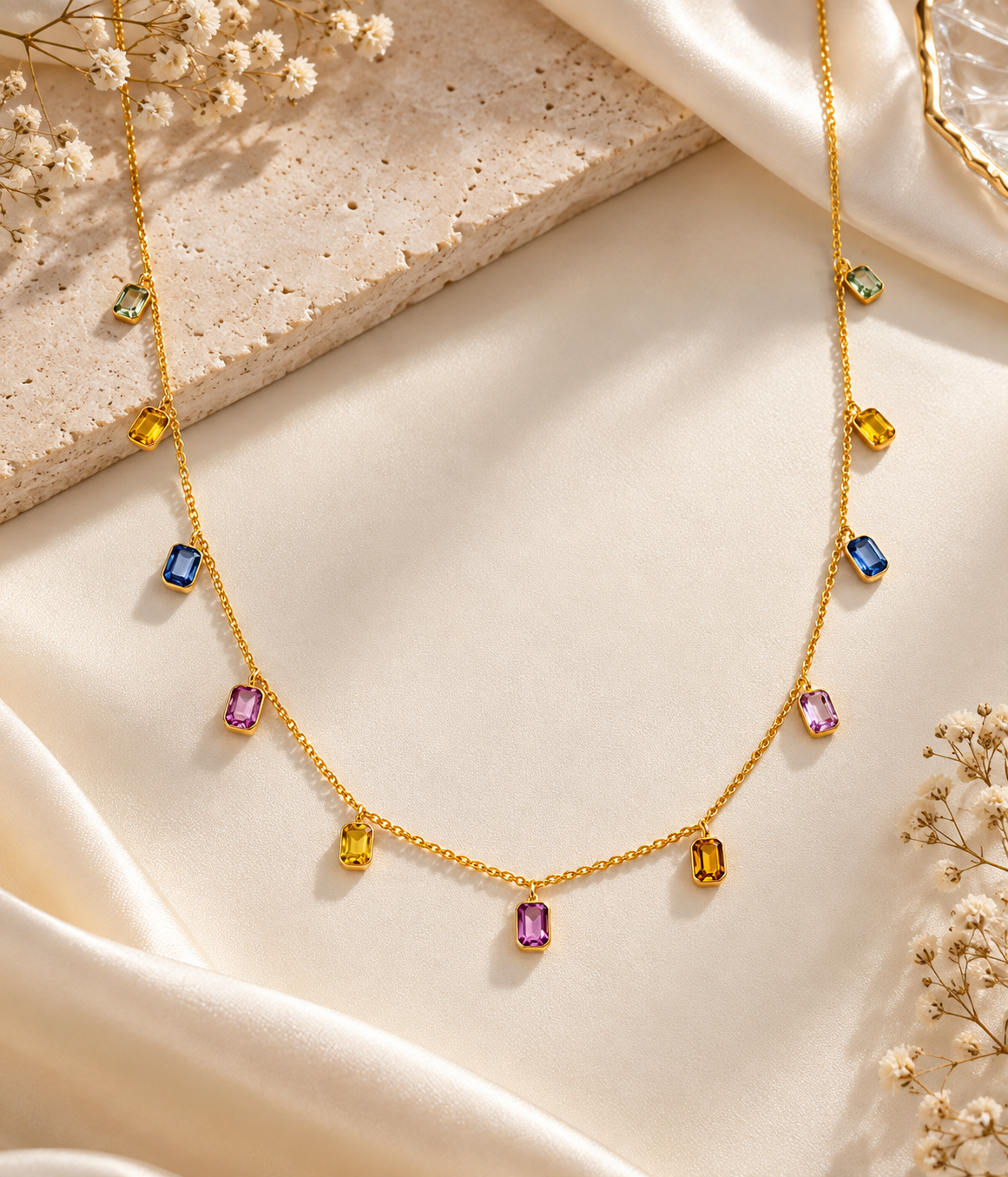 14K Gold Hallmarked Natural Multi Sapphire Chain