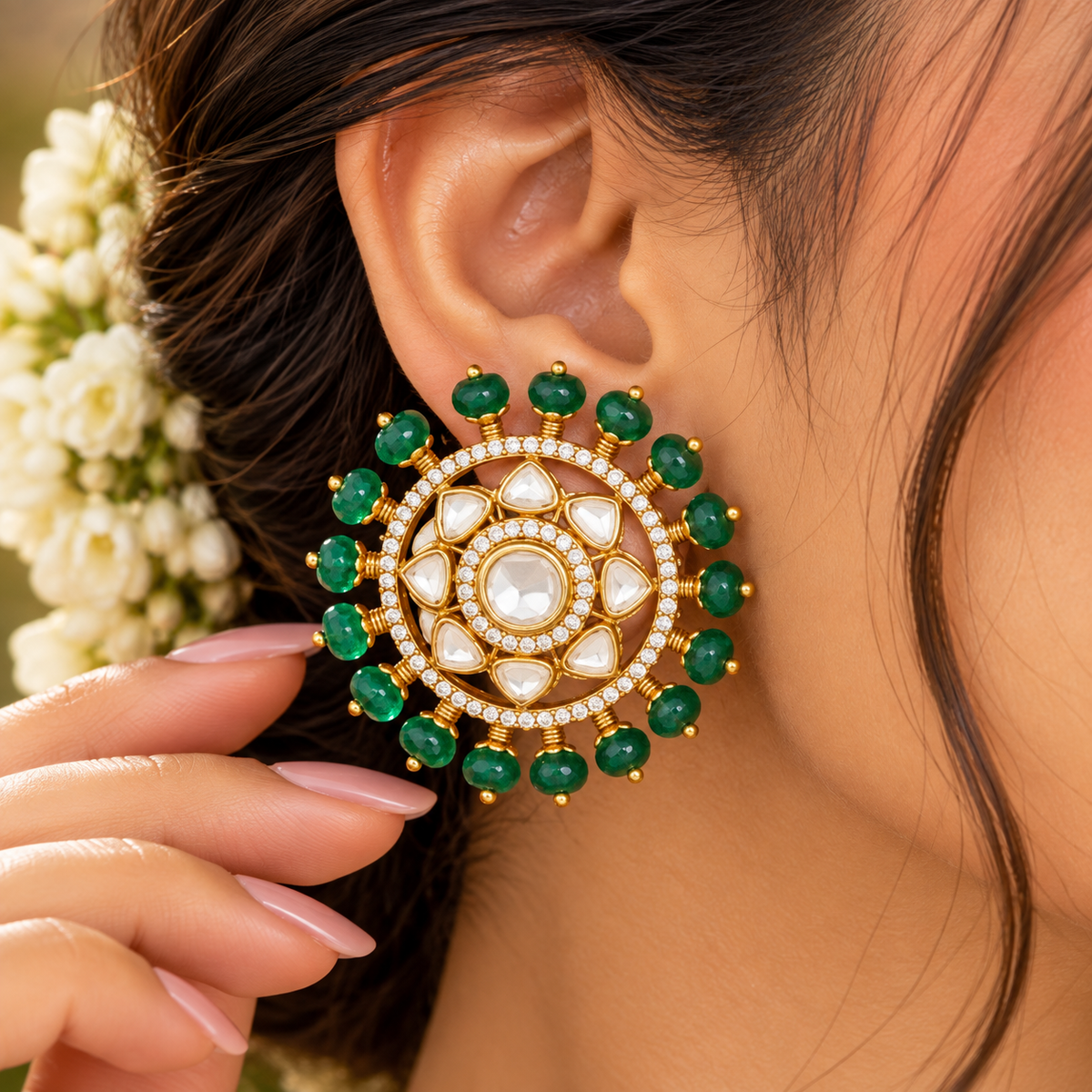 925 Silver Polki Flower Pumpkin Studs Earring Jewelry
