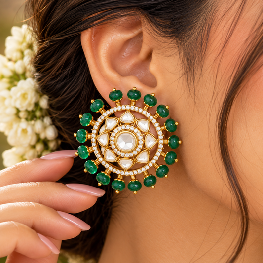 925 Silver Polki Flower Pumpkin Studs Earring Jewelry