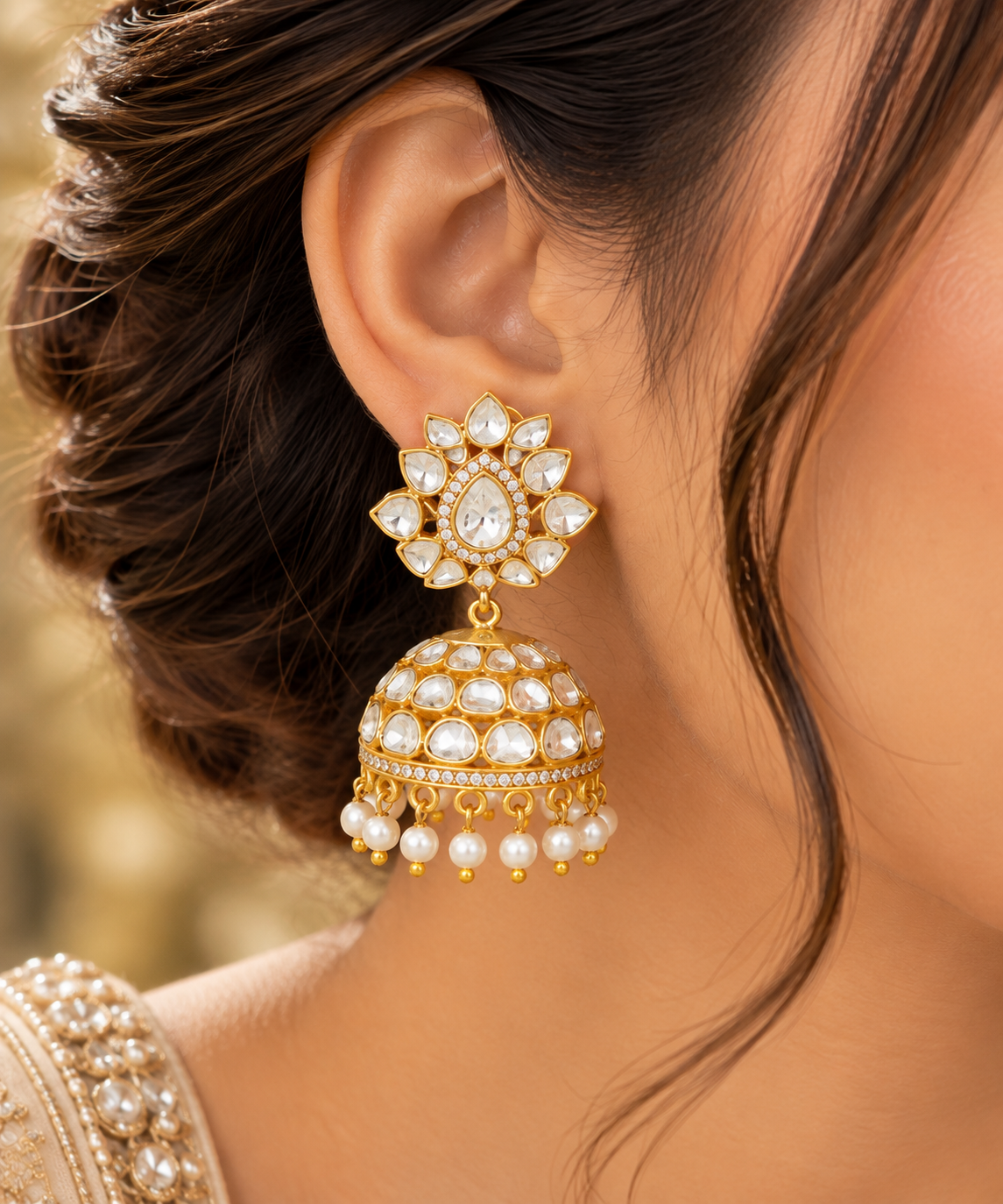 925 Silver Polki Jhumki Earring Jewelry