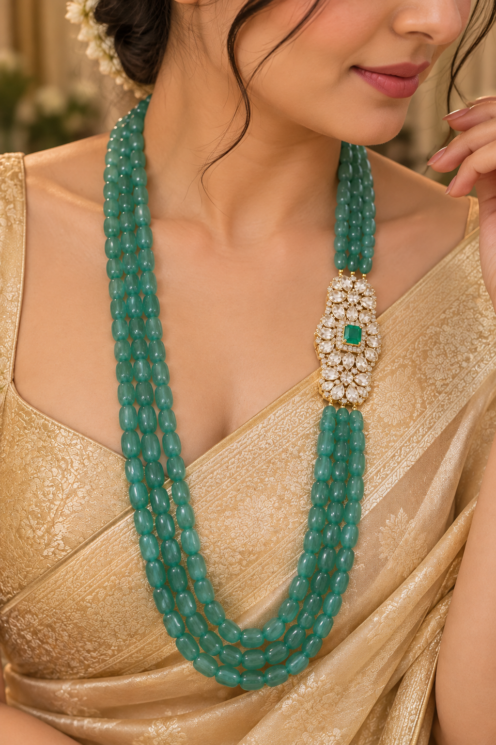 Pure Silver Natural Green Quartz Gemstone Beads Necklace Jewelry