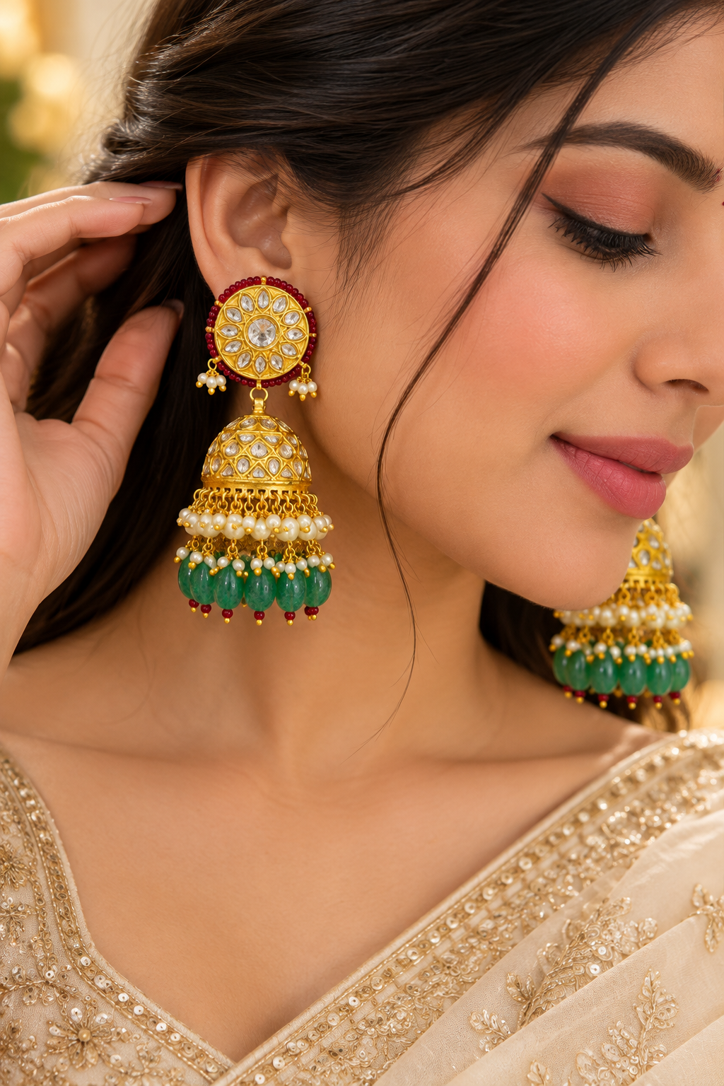 22K Gold Hallmarked Natural Diamond Polki Jhumka Earrings