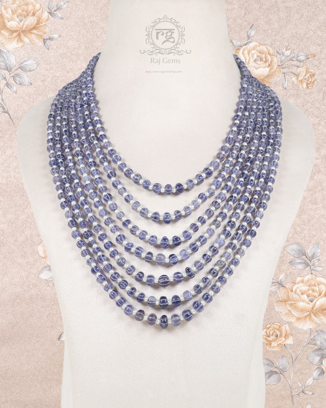 Natural Iolite & Pearl Gemstone Pumpkin Beads Necklace Jewelry