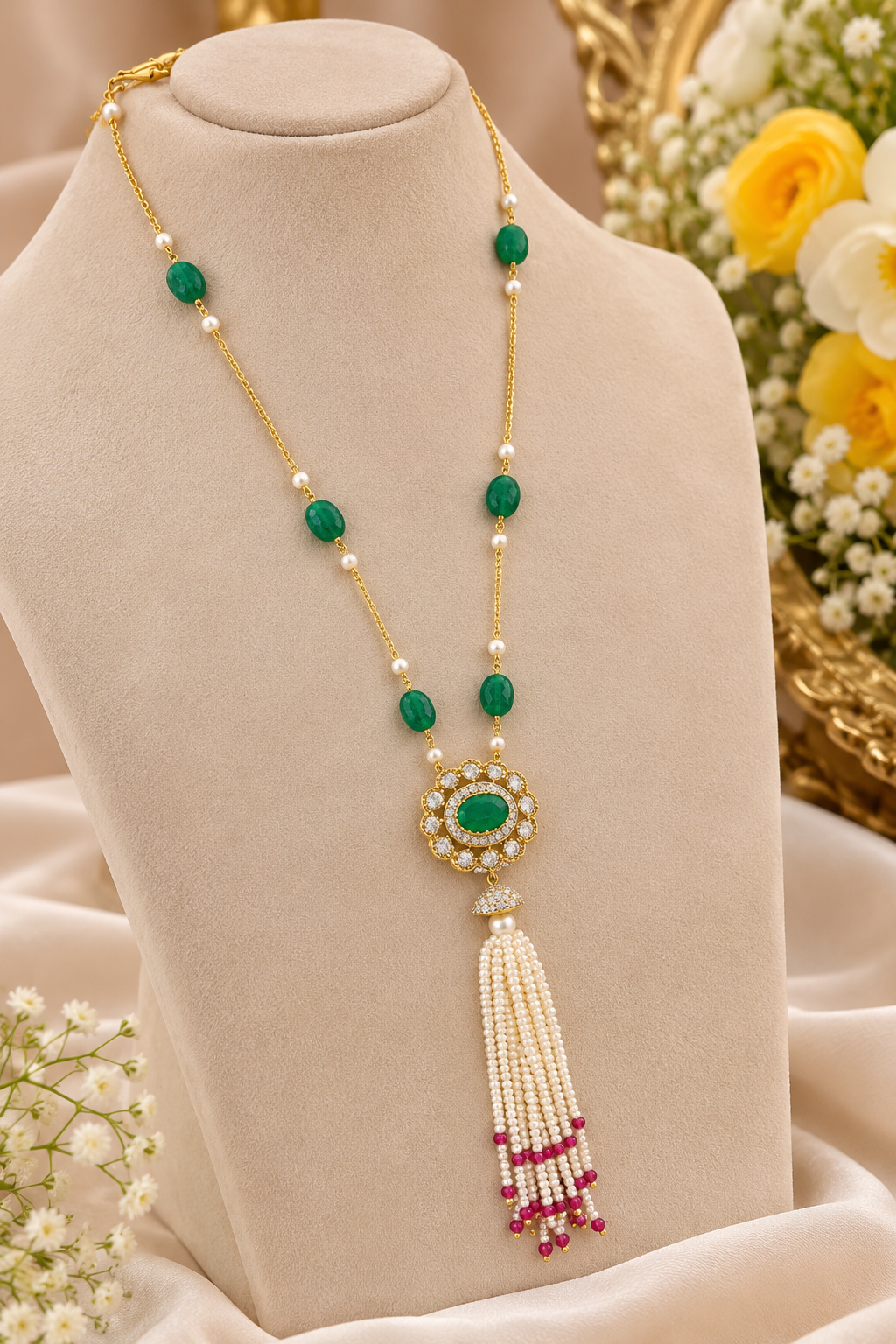 Designer 18 Karat Gold Emerald and Pearl Tassel Necklace