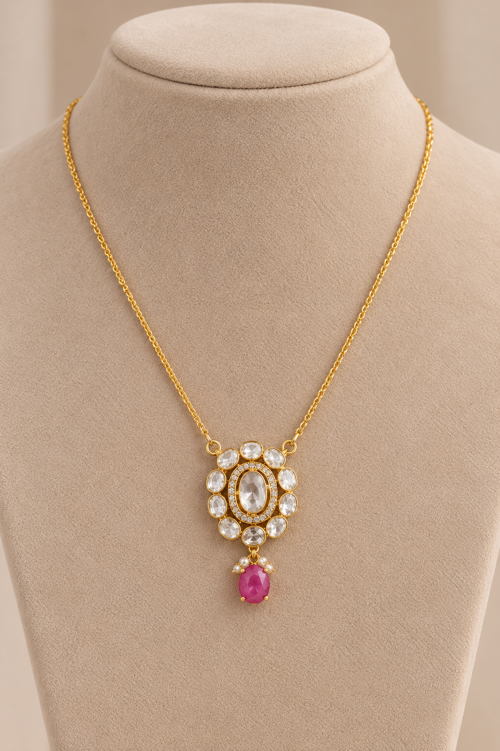 Designer 18 Karat Gold Polki Pendant Chain with Ruby Drop Necklace