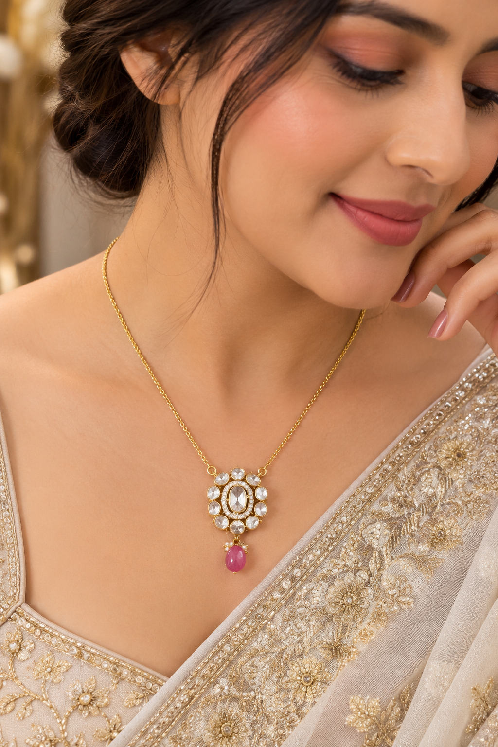 Designer 18 Karat Gold Polki Pendant Chain with Ruby Drop Necklace