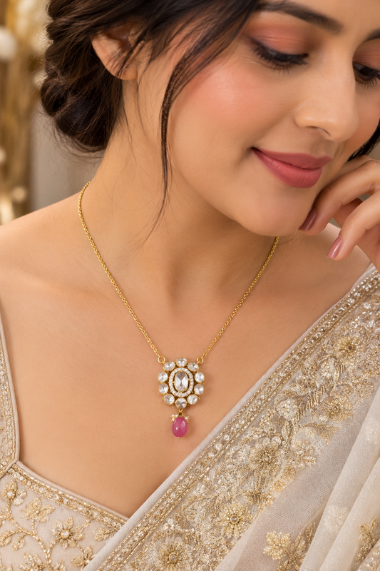 Designer 18 Karat Gold Polki Pendant Chain with Ruby Drop Necklace
