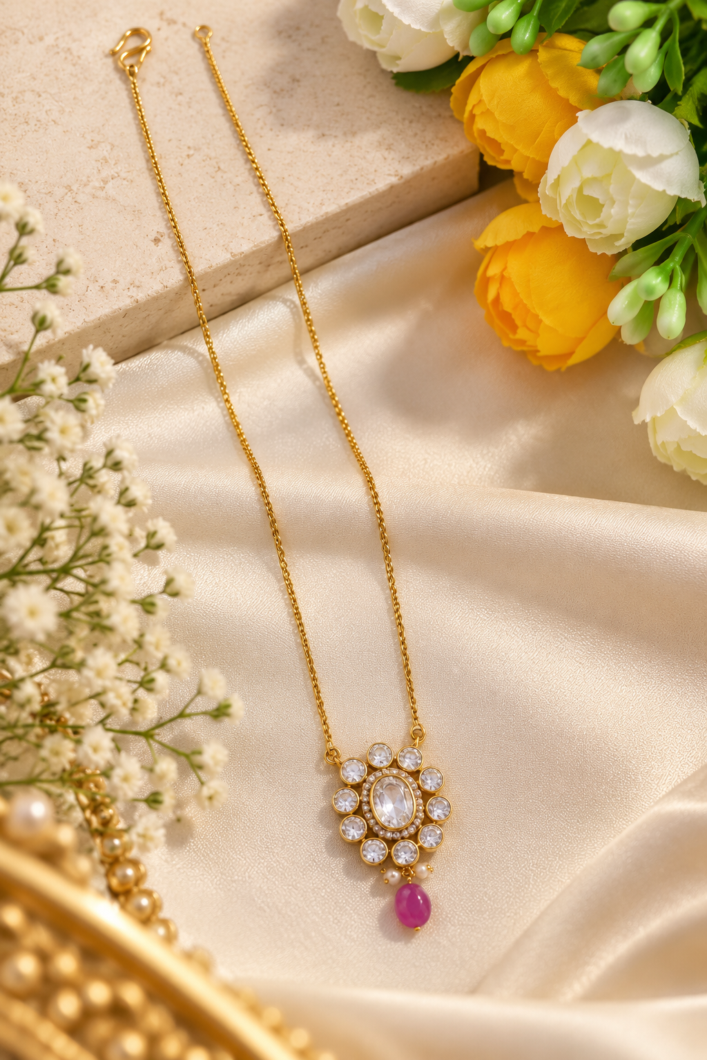Designer 18 Karat Gold Polki Pendant Chain with Ruby Drop Necklace